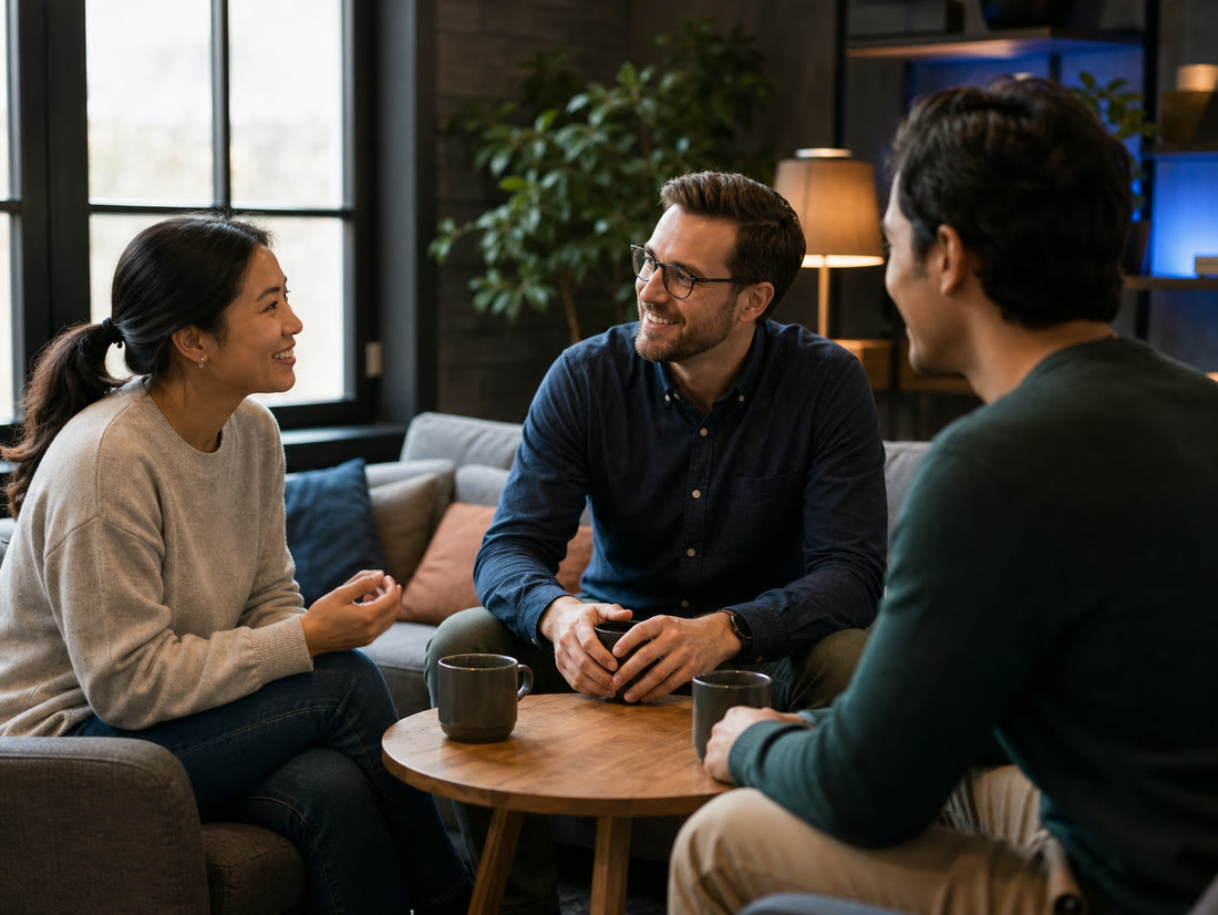 A candidate in a relaxed conversation with two founders